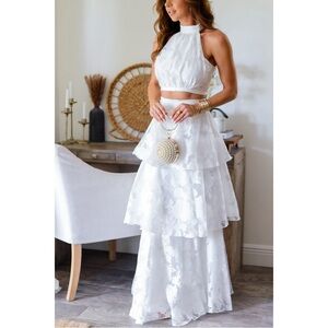 Two piece white crop and tiered skirt set